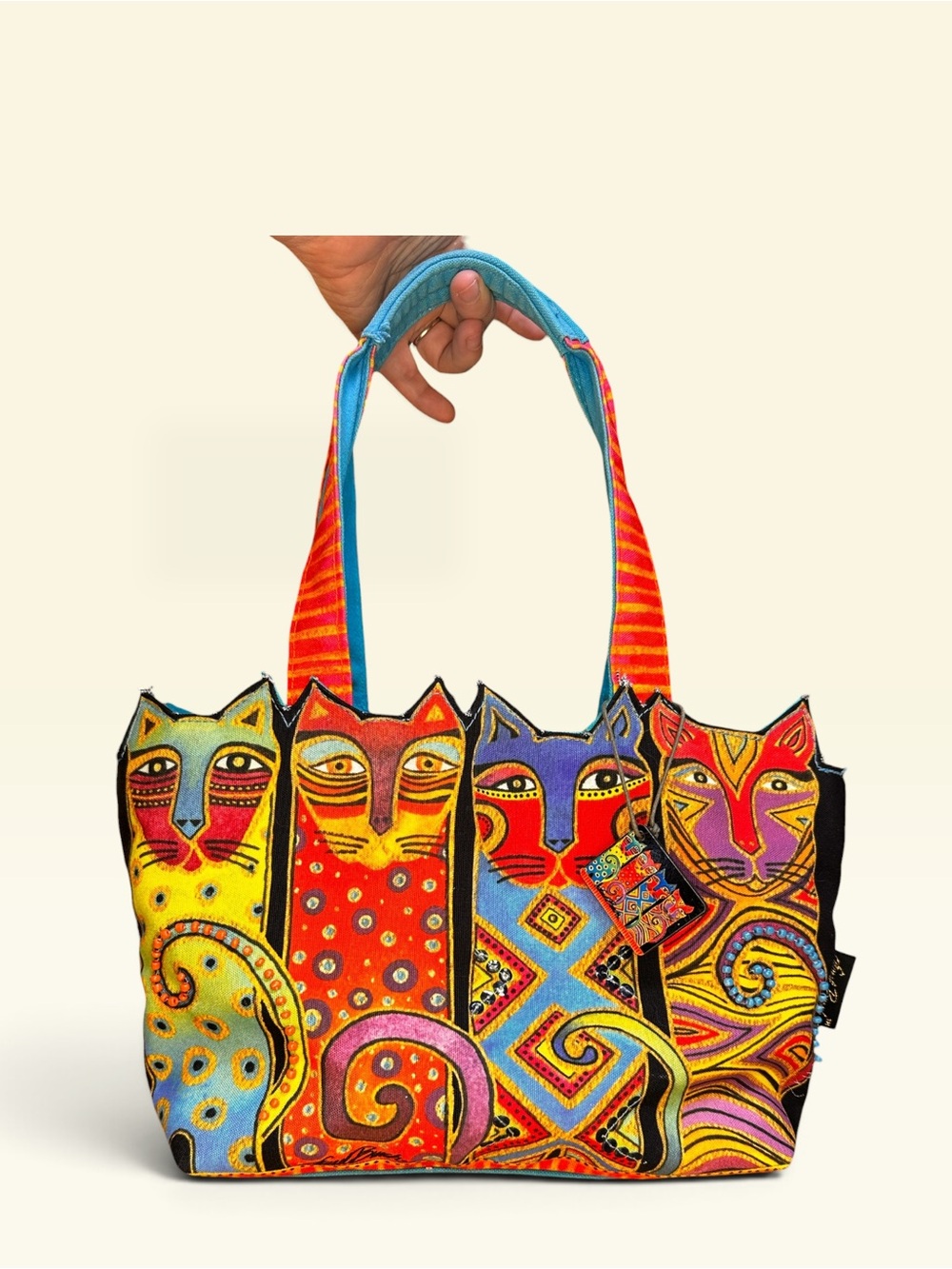 Laurel Burch Art Deco Cat Canvas Tote Bag Boho Purse Vintage Art Medium